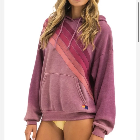 Aviator Nation Tops - CROSS STRIPE RELAXED HOODIE FADED BERRY